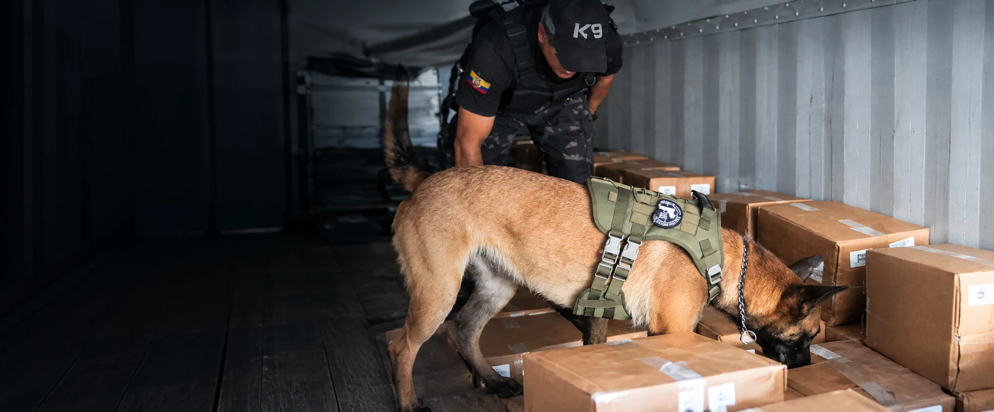 Guía K9 y su perro malinois inspeccionando cajas dentro de un contenedor
