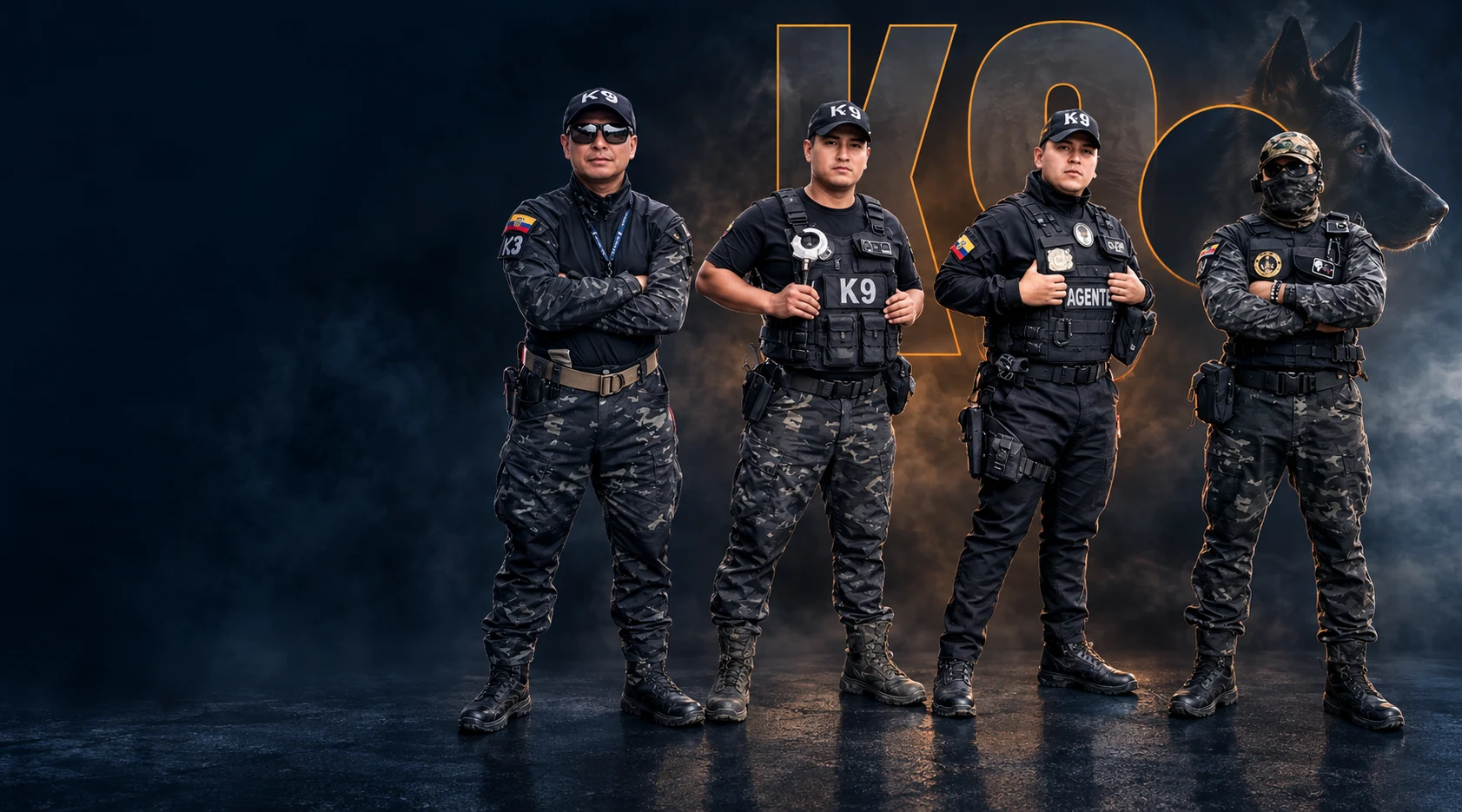 Equipo de guías K9 de Intervención Canina con uniforme táctico
